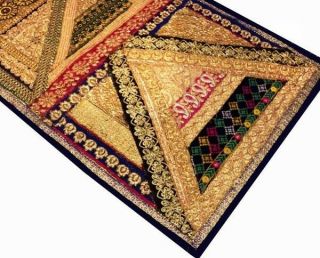 60 " Gold Crazy Quilt Heavily Bead Squin Sari Vintage Decor Tapestry Wall Hanging