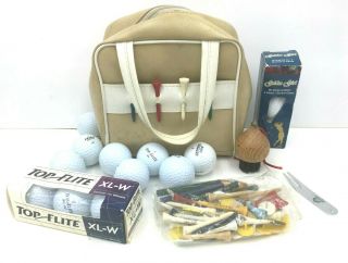Vintage Beige Vinyl Womens Golf Accessory Bag W/ Golf Balls Tees