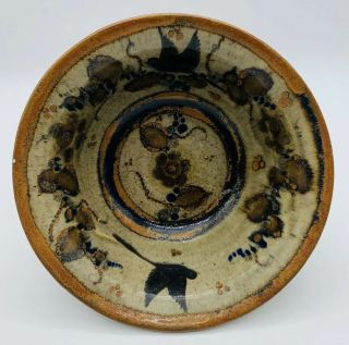 Vintage S Tonala Mexico Clay Pottery Serving Bowl Large Folk Art Bird Grackle
