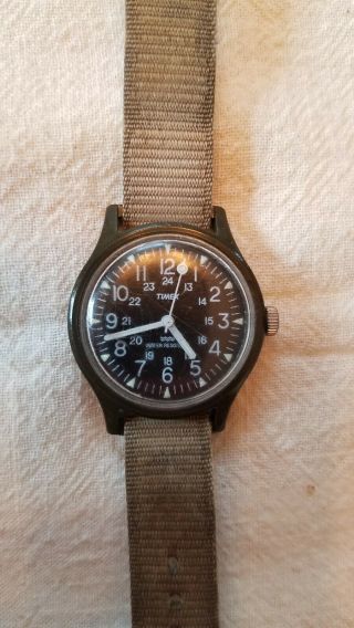 Vintage Timex Camper Watch Olive Green Nylon Band Military 24 Dial.  Mechanical