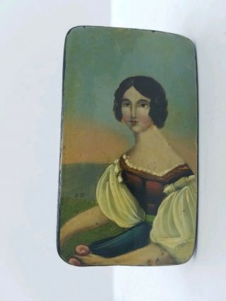 Antique C1840 Hand Painted Papier Mache Snuff Box German Woman