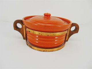 Vintage Bauer Pottery Orange Ringware Covered 7 " Casserole Dish,  Lid Copper Rack