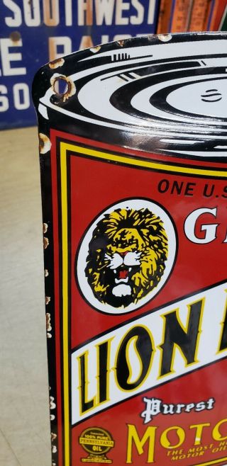 GILMORE LION HEAD motor oil porcelain sign OIL CAN SHAPE vintage brand lubster 3