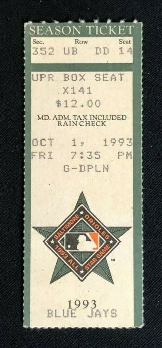 Orioles Vs Blue Jays Ticket Stub October 01,  1993