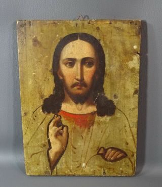 19c Antique Russian Hand Painted Icon Jesus Christ Oil On Wood 12x8  No Oklad
