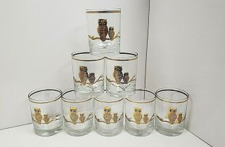Culver 22k Gold Owl Low Ball Glasses Mid Century Modern Set Of 8