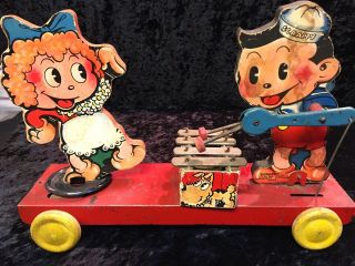 Vintage 1930s Scrappy & Margy Paper Lithograph On Wood Xylophone Pull Toy 14 "