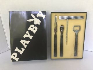 Vintage Playboy 4 Piece Stainless Steel Bar Set In A Box 1970 