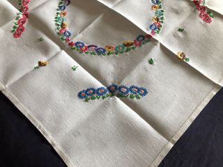 Vintage Floral Hand Embroidered Small Square Cream Irish Linen Tablecloth