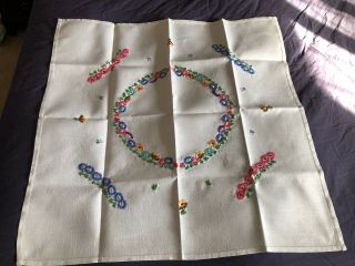 Vintage Floral Hand Embroidered Small Square Cream Irish Linen Tablecloth 2