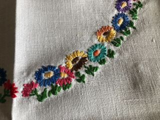 Vintage Floral Hand Embroidered Small Square Cream Irish Linen Tablecloth 3