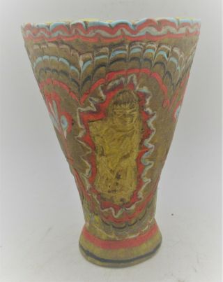 Rare Ancient Phoenician Mosaic Glass Chalice With Gold Plate Attachment 500bce