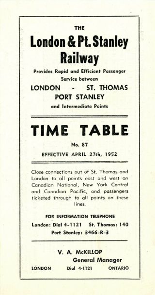 London & Port Stanley Ry,  Interurban Passenger Time Table,  No.  87 - April 27,  1952