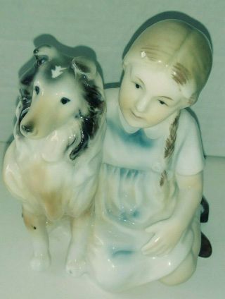 Vintage Decor Japan Porcelain Figurine Girl And Dog Sheltie Collie Lassie