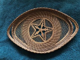 Vtg Coushatta?? Folk Art Woven Basket Tray Ornate Star Medallion Grass Hand Sewn