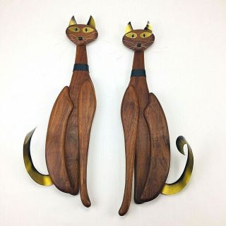 Mcm Wood And Brass Siamese Cats 25 " Tall Set Of 2 Wall Art Hangings Vintage