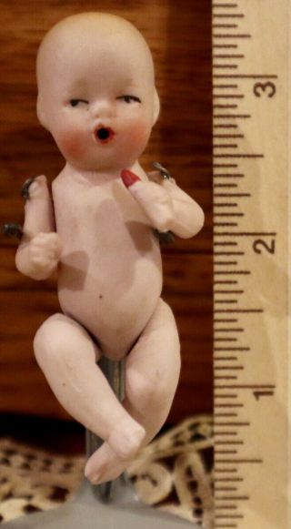 Antique German Miniature All Bisque Jtd Baby W/bottle For Dollhouse Or Roombox