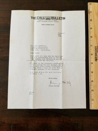 1935 Letter To Stanford Football Player Bones Hamilton From Newspaper Big Game