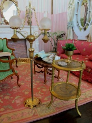 Smallsea Warehouse Sale: 1:12 Scale Vintage Stand Lamp,  Ormolu Table With Items