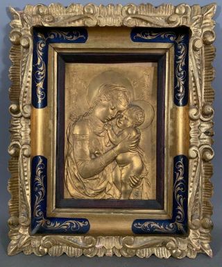 19thc Antique Bronze Icon Old Mary & Jesus Carved Wood Aesthetic Period Frame
