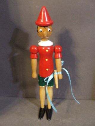 Vintage Hand Painted Wooden Jointed Pinocchio Doll With Additional Nose