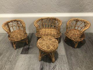 Vintage 4 Piece Wicker Rattan Doll Chairs And Table - Barbie Size