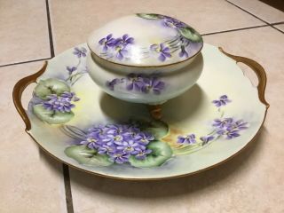 Vintage Hand Painted Floral Plate,  Bavaria & T&v Limoges,  Footed Bowl With Lid
