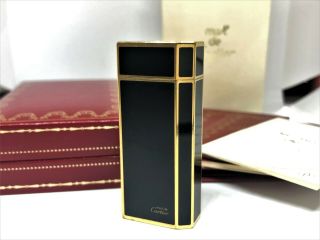Auth Cartier Lacquer Pentagon 5 - Sided Short Lighter W Box & Case Black / Gold