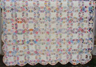 Vintage Quilt Hand Pieced & Tied 72 " X 78 " Double Wedding Ring