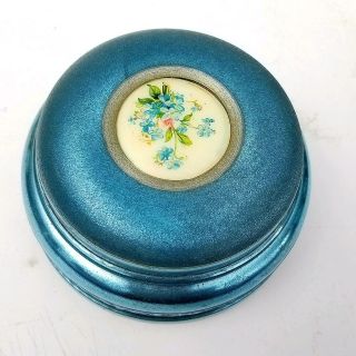 Vintage Aluminum Blue Powder Puff Flower Music Box Trinket Jewelry Box