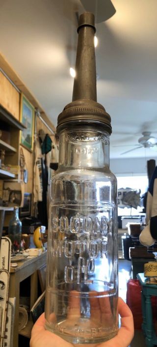 Antique 20s Socony Motor Oil Gas Station Quart Oil Glass Bottle W/spout