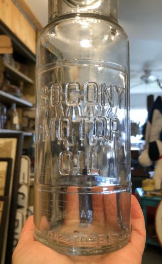 Antique 20s SOCONY MOTOR OIL Gas Station Quart Oil Glass Bottle W/Spout 2