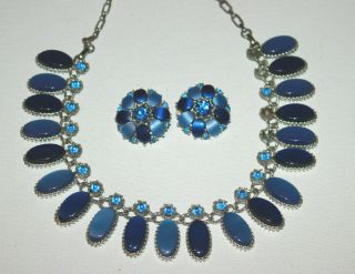 Vintage Signed Pakula Blue Lucite Thermoset Necklace & Earrings Set Rhinestones