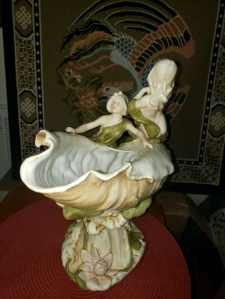 Royal Dux Bohemian Hand Painted Maidens On Shell With Floral Art Nouveau