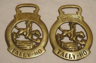 2 Heavy Antique Fox - Hunting " Tally - Ho " Brass Horse Harness Decorations
