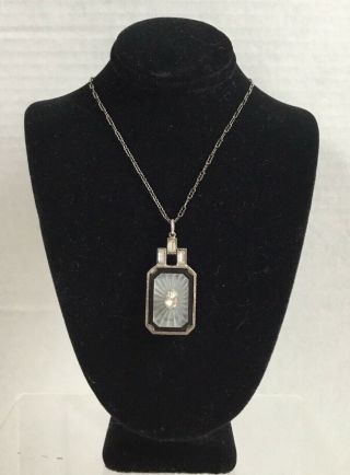 Antique 1920 - 30 Art Deco Camphor Glass Crystal Sunray Sterling Necklace
