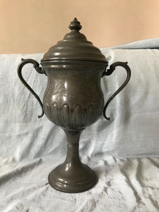 Quality Old Vintage Pewter Trophy,  Loving Cup,  With Lid Very Large 16.  5 Inch