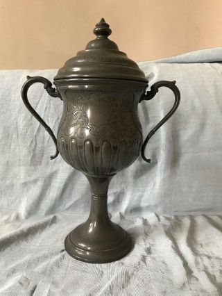 Quality Old vintage Pewter trophy,  loving cup,  With Lid Very LARGE 16.  5 INCH 2