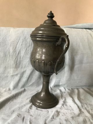 Quality Old vintage Pewter trophy,  loving cup,  With Lid Very LARGE 16.  5 INCH 3
