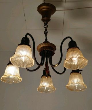 Vintage Antique Art Deco Painted Brass 5 Lights Unusual Chandelier Light Fixture