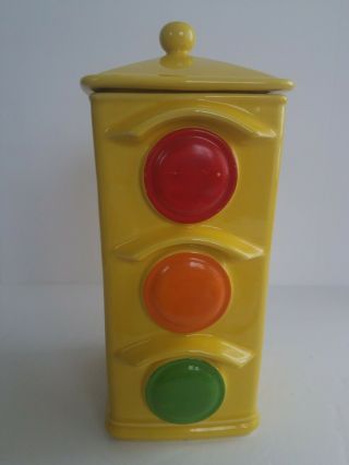 Vtg Traffic Light Signal Ceramic Cookie Jar Canister Stop Go Red Yellow 351 Usa