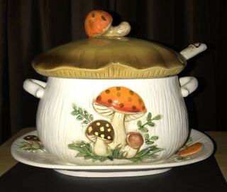 Vintage Sears Merry Mushroom Soup Tureen With Ladel & Under Plate