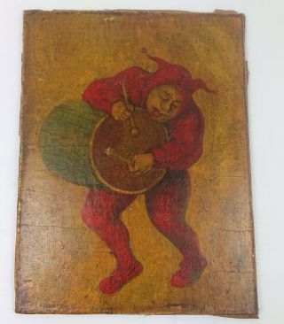 Antique Late 19th Century Oil On Artist Board Bruegel Style Character Drummer