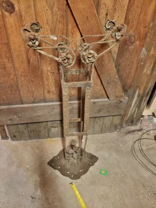 Ornate Antique Fish Bowl Stand Wrought Iron,  Flowers & Leaves Chippy Paint Plant