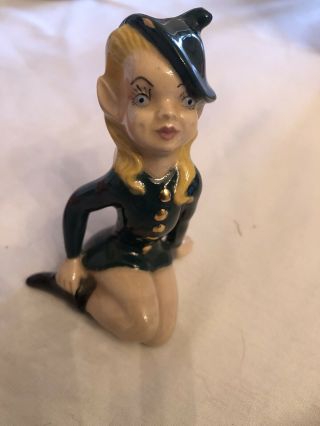 Vintage Green Elf Pixie Fairy Figurine Ceramic Pottery Girl Long Hair Blonde Red