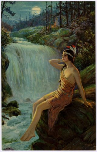 Vintage 1930s F.  R.  Harper Moonlit Waterfall Indian Maiden Art Deco Pin - Up Print