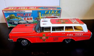Vintage Tinplate Friction Drive Fire Dept.  Fire Chief Car,  Japan,  Exib.