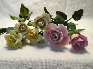 6 Vintage Decorative Pink And Yellow Long Wire Stem Porcelain Roses Shabby Chic