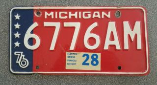 Vintage 1976 Michigan Bi - Centennial License Plate 6776am Red White & Blue