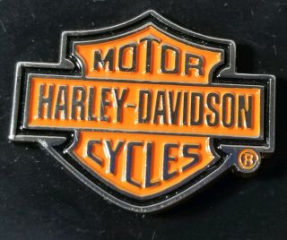 Harley - Davidson Motor Cycle Bar & Shield Logo Pin Orange & Black